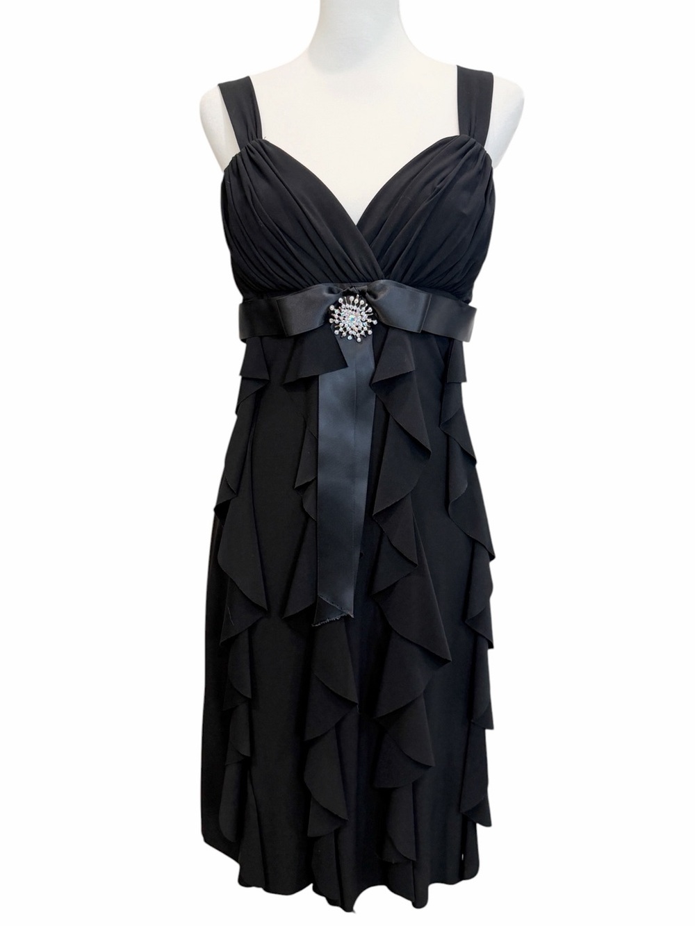 Cache Vintage Y2K Cocktail Party Dress Empire Waist Ruffle Rhinestone Black 10